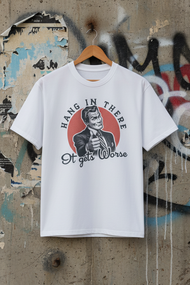 Weißers T-Shirt mit Vintage Illustrationen eines Mannes mit Daumen hoch und ironischem Schriftzug Hang in there It gets worse