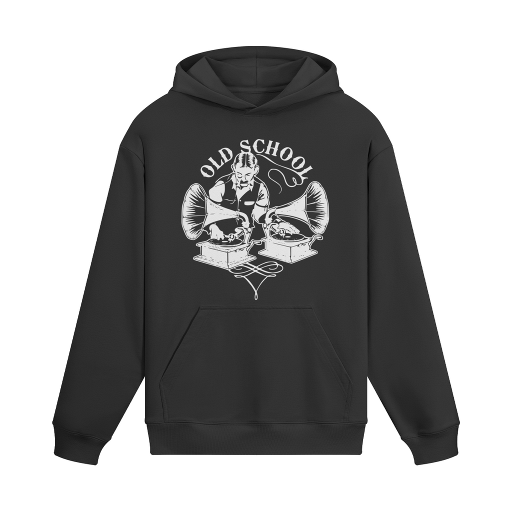 Schwarzer Oldschool DJ Hoodie mit Vintage Turntable und Grammophon Design