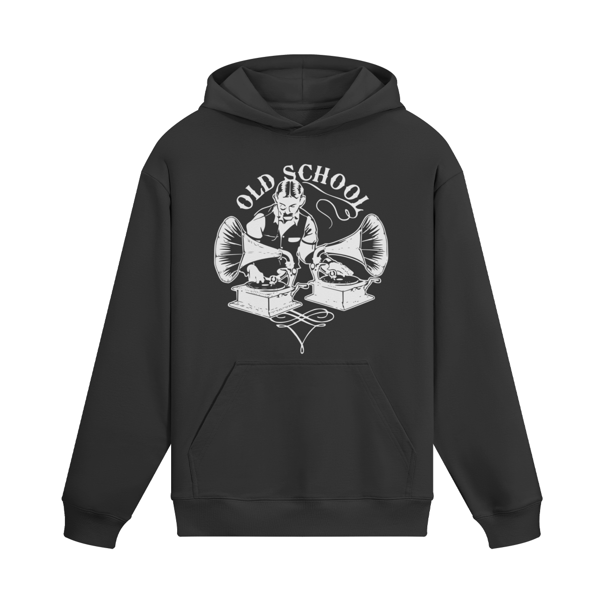 Schwarzer Oldschool DJ Hoodie mit Vintage Turntable und Grammophon Design