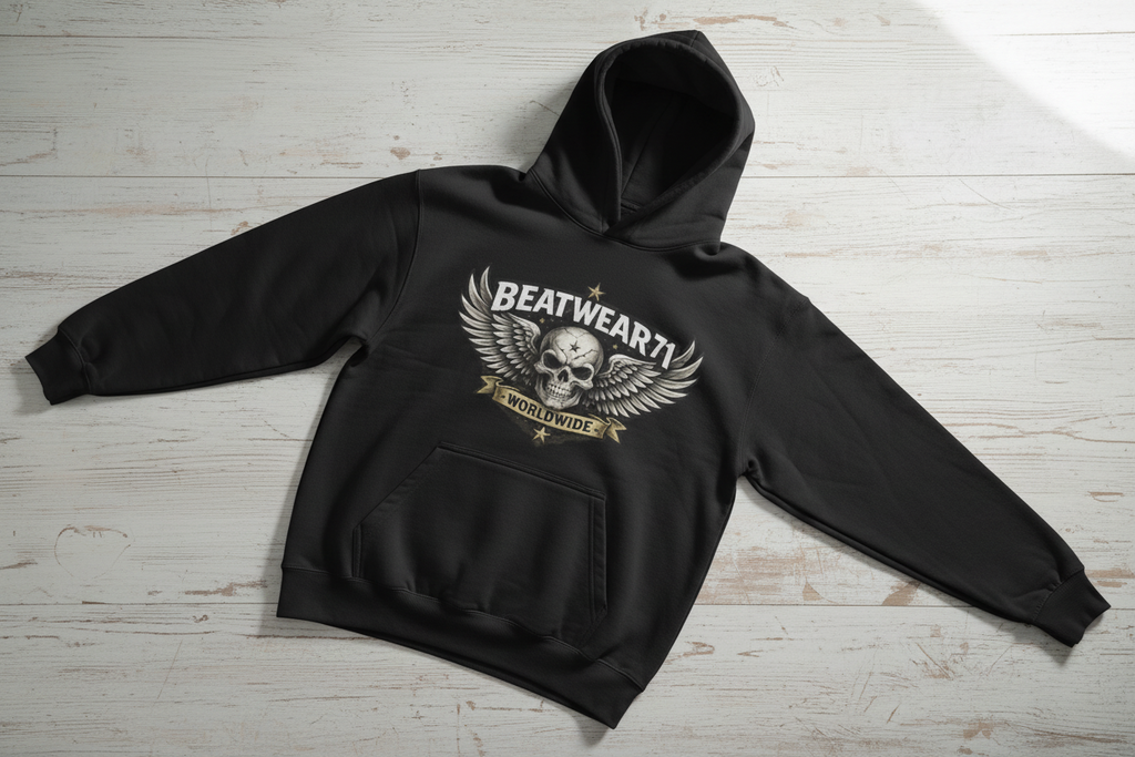 BEATWEAR 71 Streetwear Hoodie mit Totenkopf und Flügelprint - Worldwide Skull Hoodie