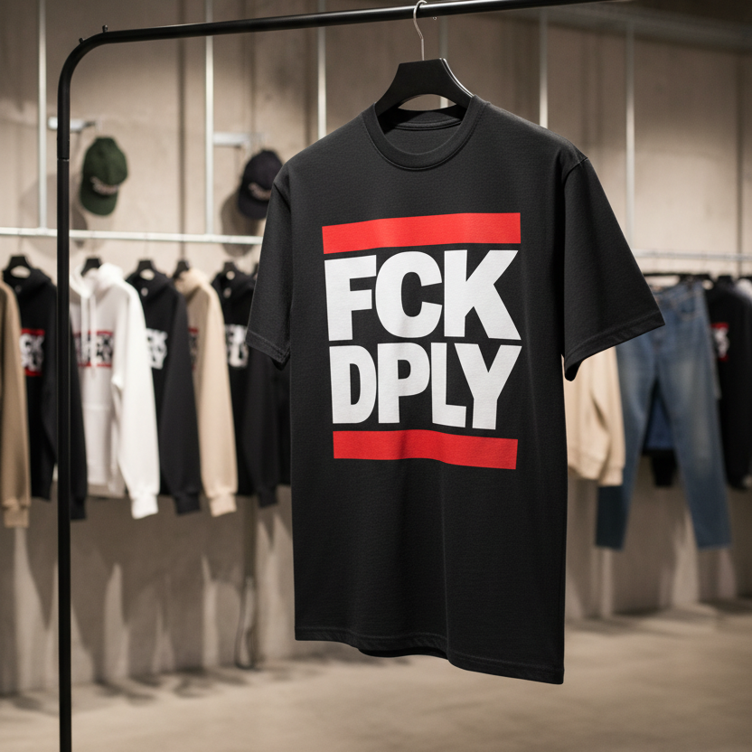 Schwarzes T-Shirt mit politischem FCK DPLY Statement Print in weiß und rot