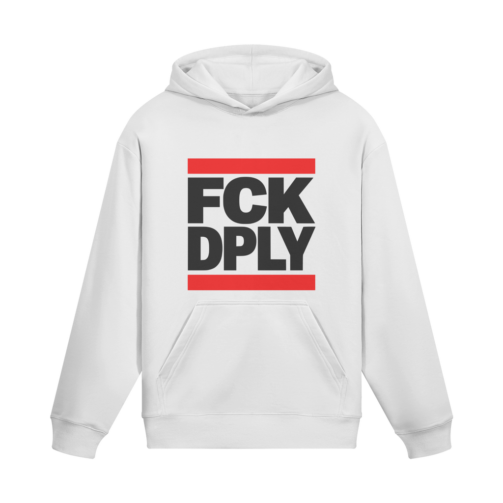 Weißer Hoodie mit FCK DPLY Statement Print in schwarz und rot
