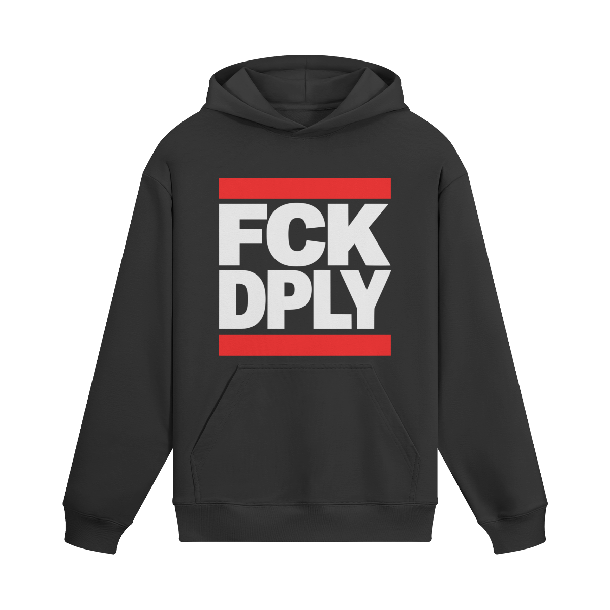 Schwarzer Hoodie mit FCK DPLY Statement Print in weiß und rot