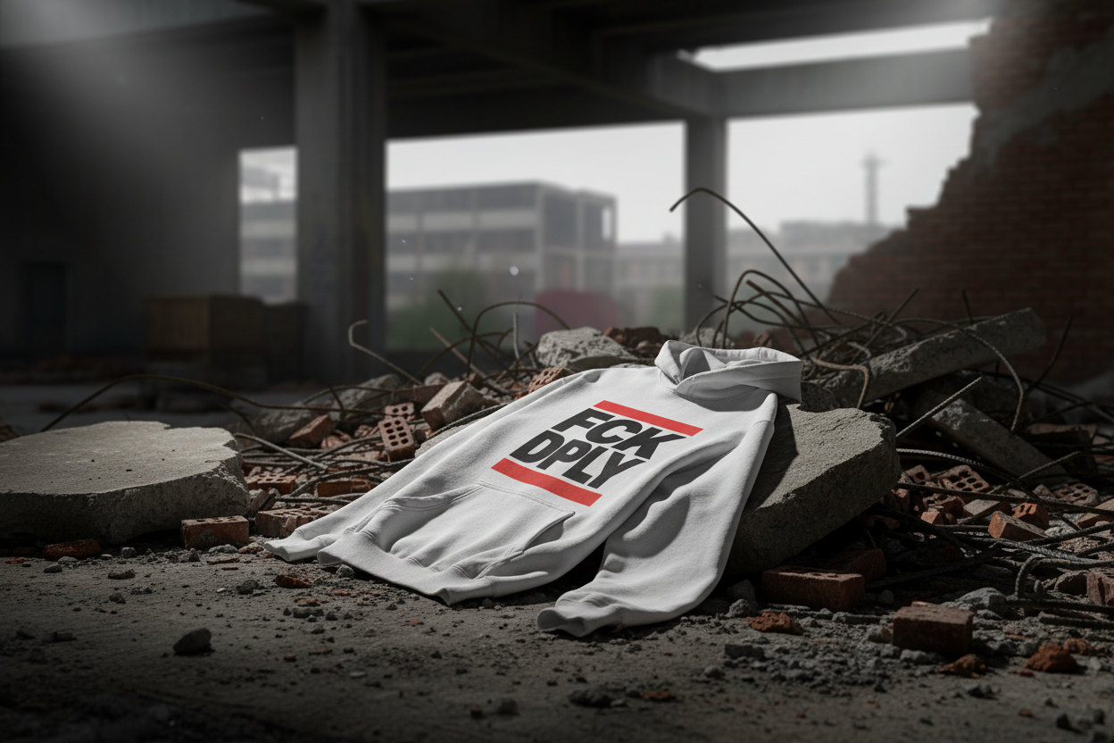 Weißer Hoodie mit FCK DPLY Statement Print in schwarz und rot