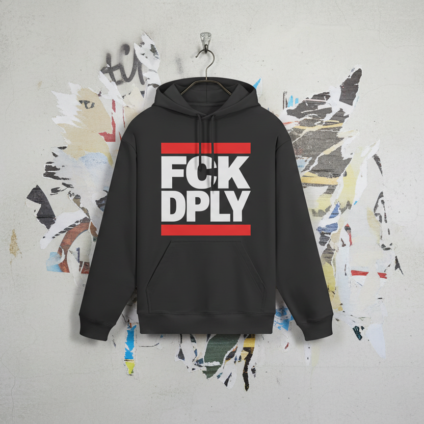 Schwarzer Hoodie mit FCK DPLY Statement Print in weiß und rot